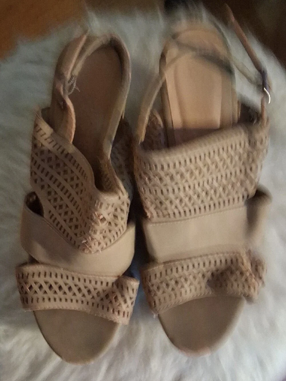 ROUGE!  Women’s Neutral Tan Wedge Sandals - Stylish Laser-Cut Straps SIZE 7